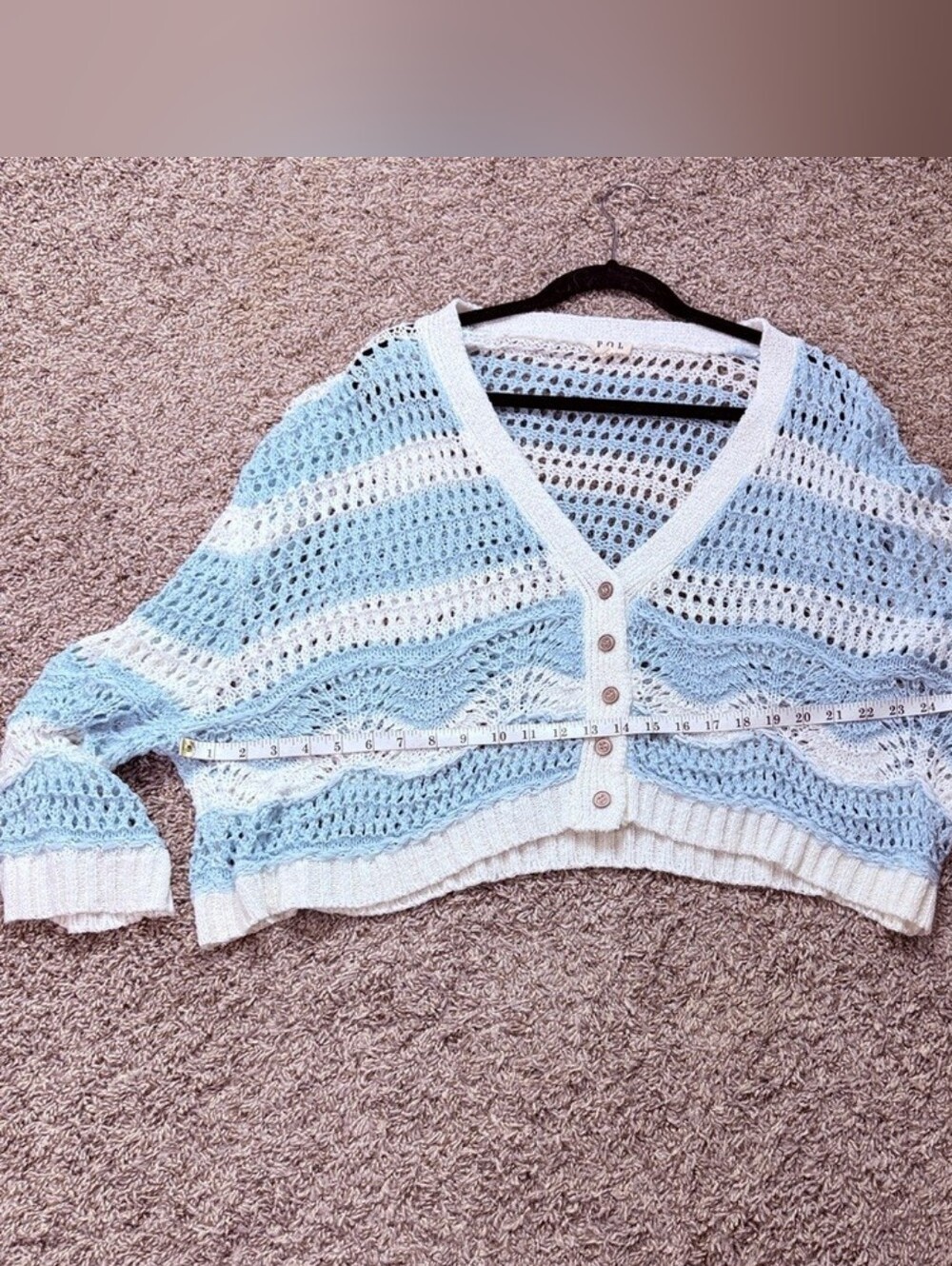 POL Light Blue and White Open-Knit V-Neck Cropped Oversized Crocheted Cardigan S - Picture 7 of 7